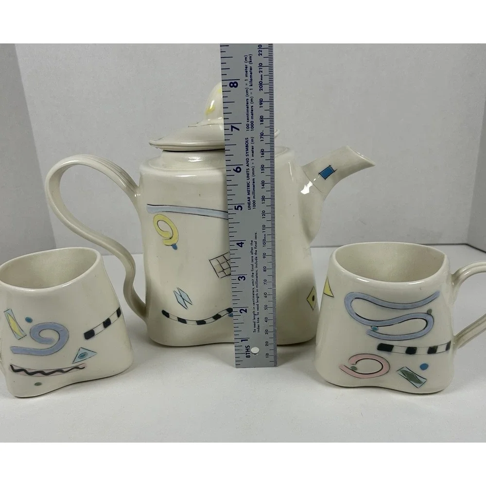 Parker Kuhn Whimsical Art Deco Tea Pot and Cup Set Artist Signed